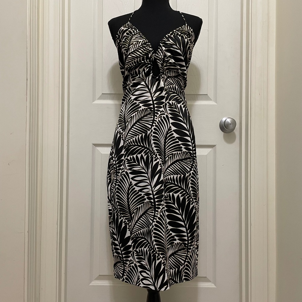 Avec Les Filles Halter‎ Midi Dress Palm Leaf Tropical Size 10 Satin Black Gold